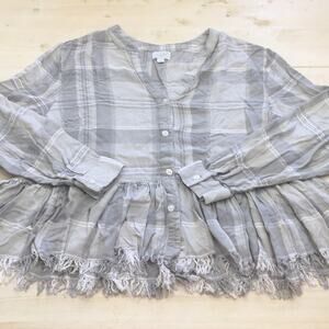 Mud Pie cotton flannel plaid long sleeve peplum raw hem top sz L